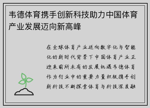韦德体育携手创新科技助力中国体育产业发展迈向新高峰 韦德体育携手创新科技助力中国体育产业发展迈向新高峰