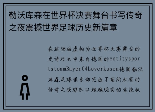 勒沃库森在世界杯决赛舞台书写传奇之夜震撼世界足球历史新篇章